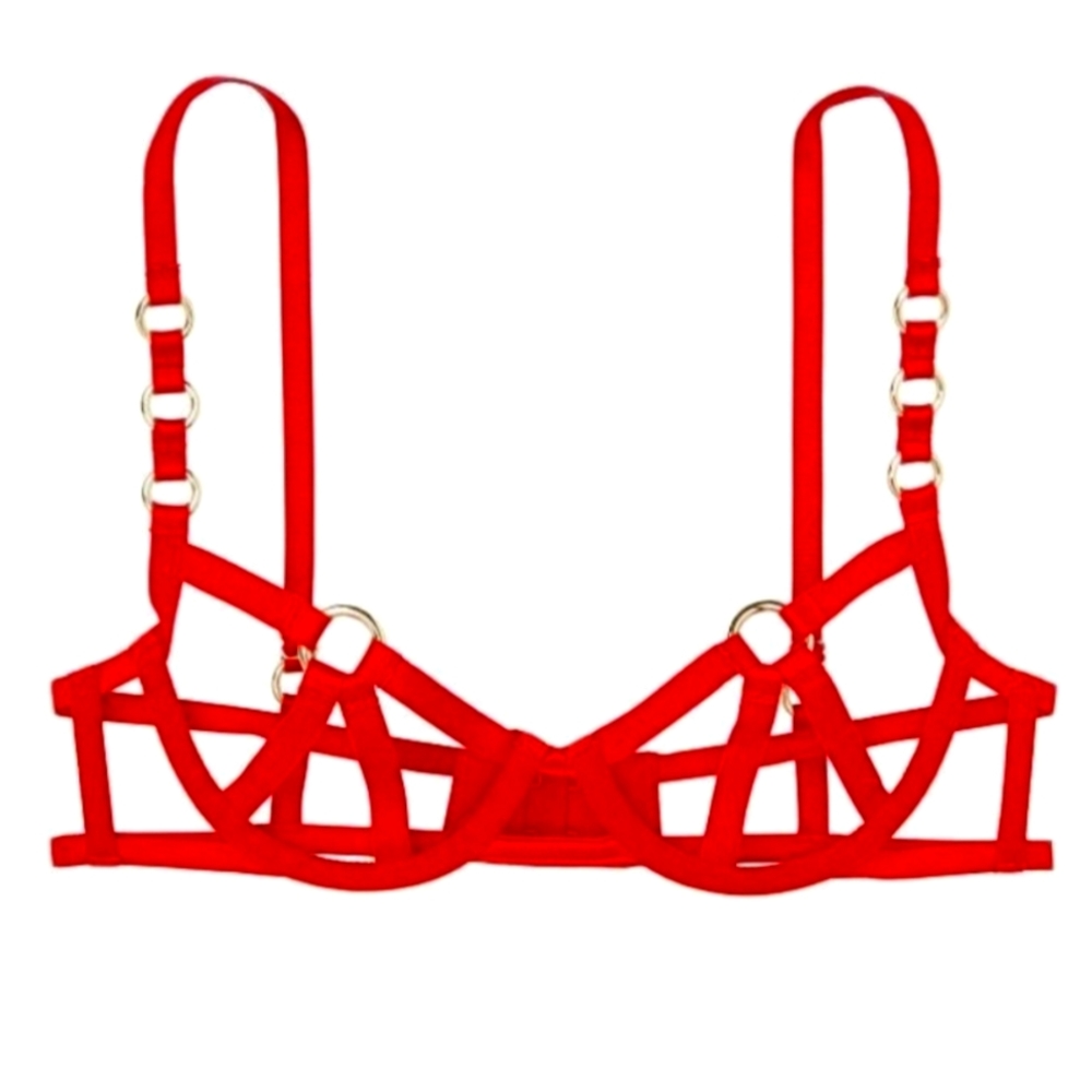 Victoria's Secret Very Sexy Red Unlined Balconette Bra Cage Gold Rings Size XS